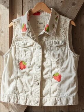 Strawberry Shortcake Upcycled Vintage Denim Distressed Vest Lace Y2K